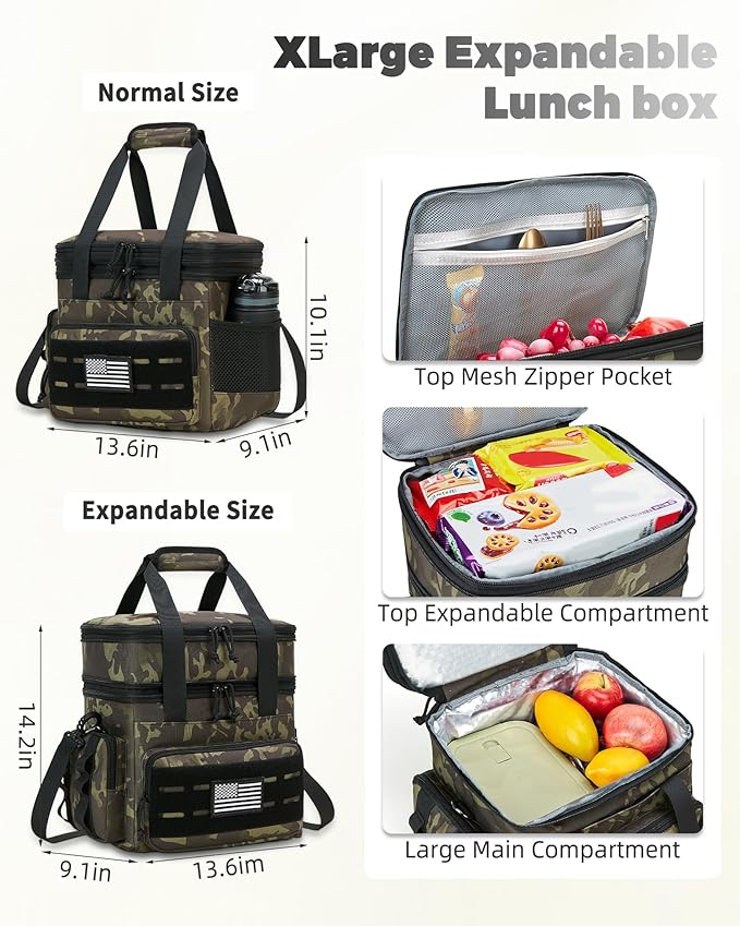 Tactical Lunch Bag & Lunch Box for Men - Large Double Deck Expandable Insulated Soft Adult Lunchbox for Work - Cooler Bag for Beach, Picnic, Camping,Outdoor，Travel (Camo,23L)