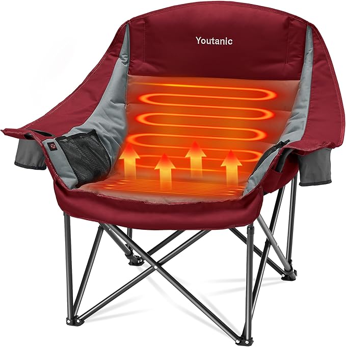 Heated Camping Chair, 3 Heat Levels Oversized Padded Lawn Chair with Side Pockets and Cup Holder, Outdoor Heating Folding Camp Chair for Adults, Fishing, Sports, Picnic, up to 500lbs, Style 3