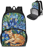 Hiking Picnic Food Cooler Backpack for Teens Men Women Primary Middle High School Bookbag Outdoor Laptop Bag All In One Backpack Meal Bag, Cat in Irises Floral