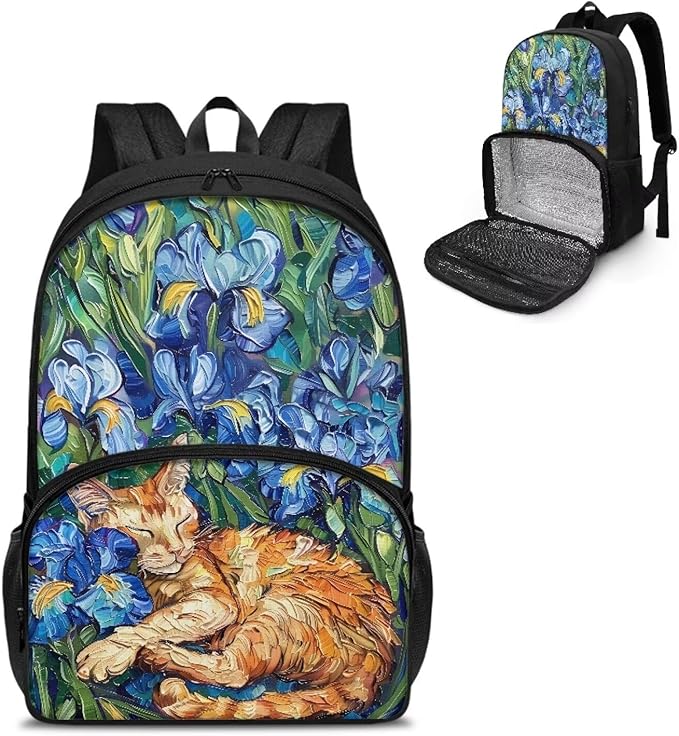 Hiking Picnic Food Cooler Backpack for Teens Men Women Primary Middle High School Bookbag Outdoor Laptop Bag All In One Backpack Meal Bag, Cat in Irises Floral