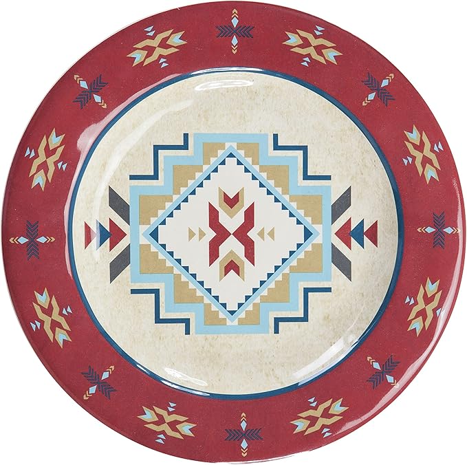Paseo Road Spirit Valley 14 Piece Melamine Plastic Dinnerware Set with Plates, Bowls and Serving Platter, Southwestern Rustic Cabin Lodge Aztec Style