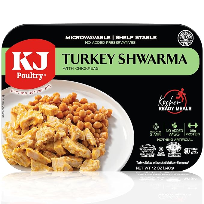 KJ Poultry Kosher Ready Meals - Turkey Shwarma, MRE Meat Meals Ready to Eat, Gluten Free, Halal, (1 Pack) Prepared Entree Fully Cooked, Shelf Stable Microwave Dinner, Travel, Military, Camping
