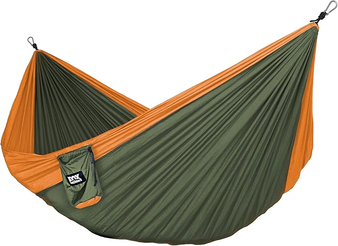 Fox Outfitters Neolite Double Camping Hammock - Lightweight Portable Nylon Parachute Hammock for Backpacking, Travel, Beach, Yard. Hammock Straps & Steel Carabiners Included (Orange/Olive Green)