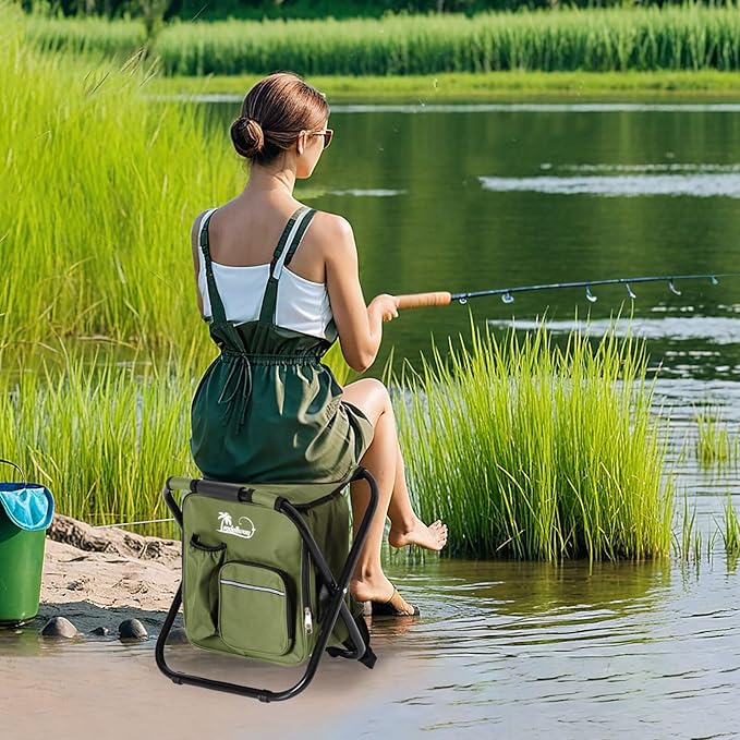 LEADALLWAY Fishing Chair with Cooler Bag Compact Fishing Stool Foldable Camping Chair