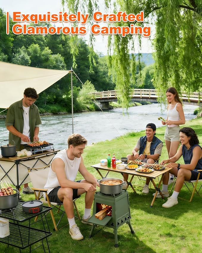 Portable Wood Burning Stove - Lightweight Cast Iron Camp Stove for Backpacking，Portable and Easy-To-Assemble Backpacking Camping Stove Kit (Green, Small)