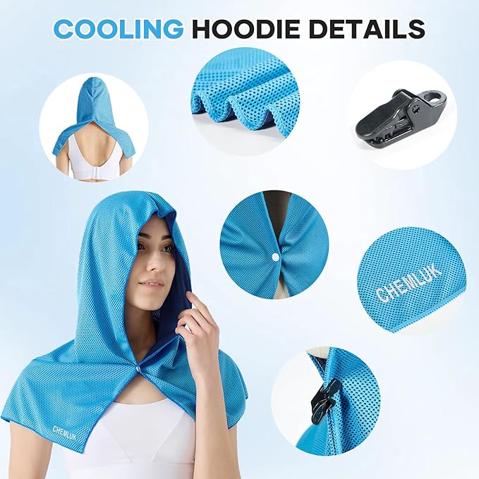 Cooling Hoodie Towel: Cooling Towels for Neck and Face, Instant Cool, UPF 50 Sun Protection, Cool Towel for Hot Weather, Great for Sports, Gym, Golf, Camping - 4 Packs