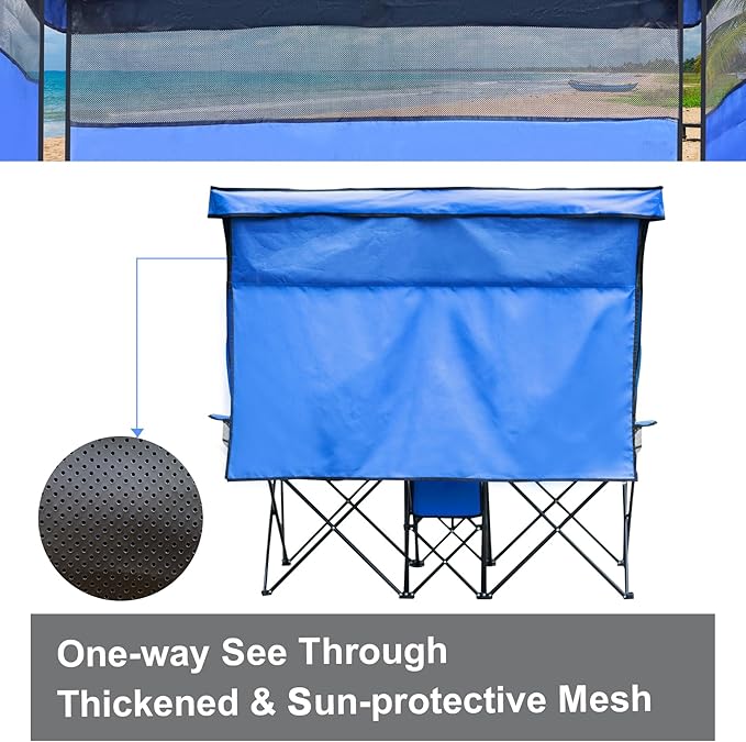 Double Beach Chair with Canopy Shade Heavy Duty Camping Chairs with Cup Holder Folding Loveseat for Outside Lawn