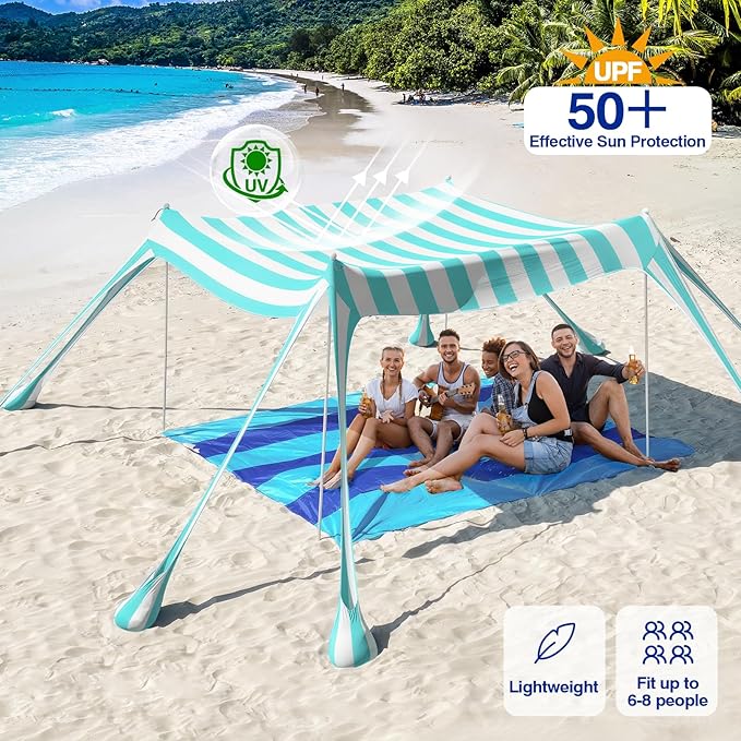 Rhino Valley Beach Tent Shade Canopy UPF50+ Protection, 8 Sandbags, 4 Stability Poles, Outdoor Sun Shelter Umbrella for Sand, Camping, Fishing Essentials
