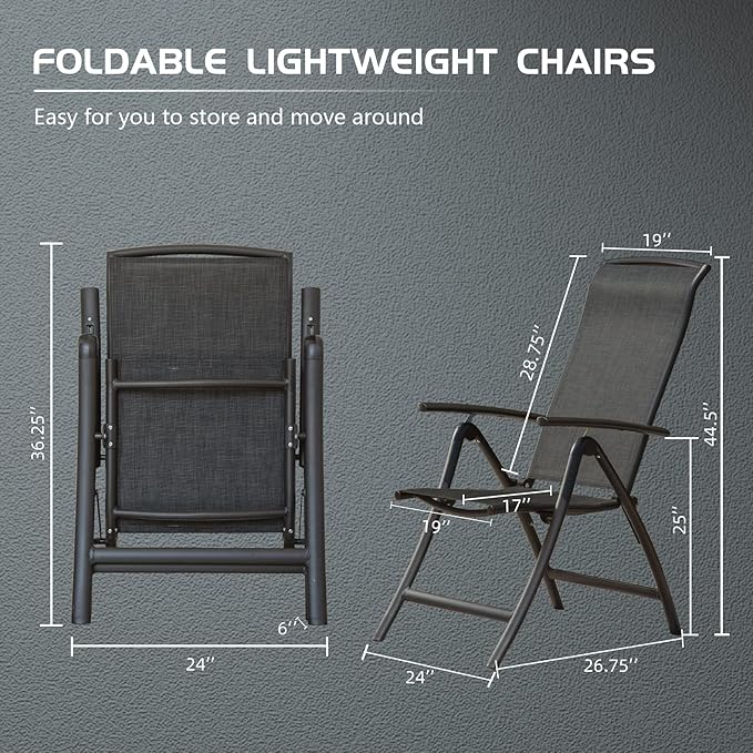 Domi Patio Outdoor Sling Chairs Set of 2, Folding Outdoor Reclining Camping Chairs with Armrest Adjustable High Backrest Portable Chair