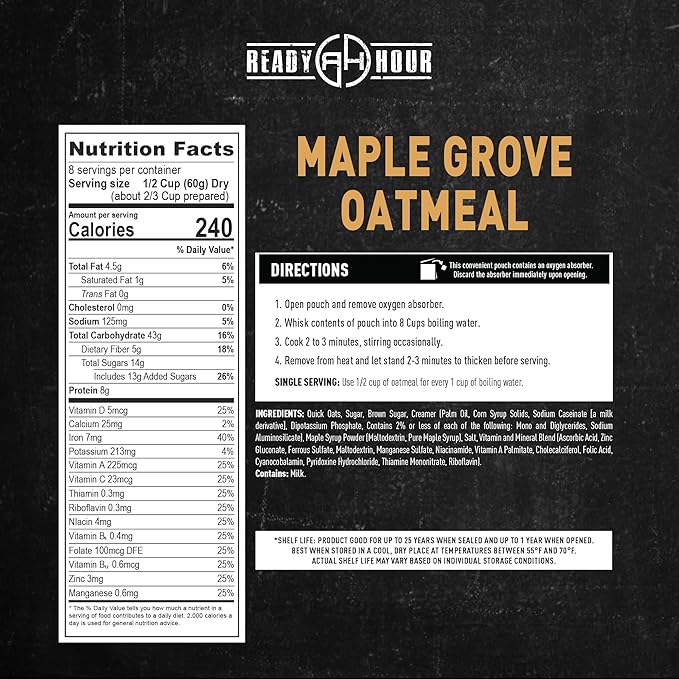 Ready Hour Maple Grove Oatmeal Case Pack – 48 Servings (6 Pouches) – Emergency Food Supply, Long Shelf Life, Maple Flavored Oats, Bulk Breakfast Storage, Instant Oatmeal Packets