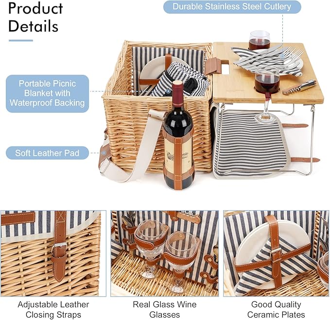 Wicker Picnic Basket for 2 with Detachable Table, Elasticated Wine Holder, Shoulder Carrying Willow Picnic Hamper Set with Premium Tableware & Blanket for Outdoor, Wedding, Anniversary, Birthday Gift