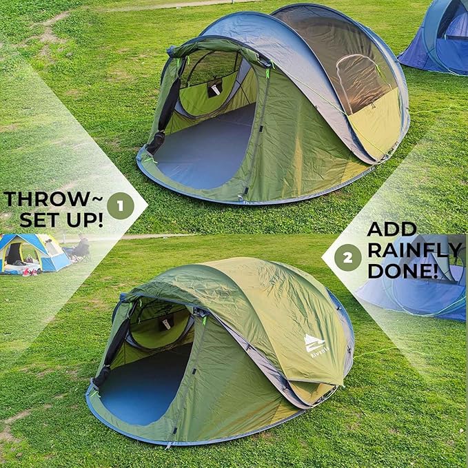 4 Person Easy Pop Up Tent, Automatic Setup, Waterproof, 2 Doors-Instant Family Tents for Camping, Hiking & Traveling, 9.5’X6.6’X52''