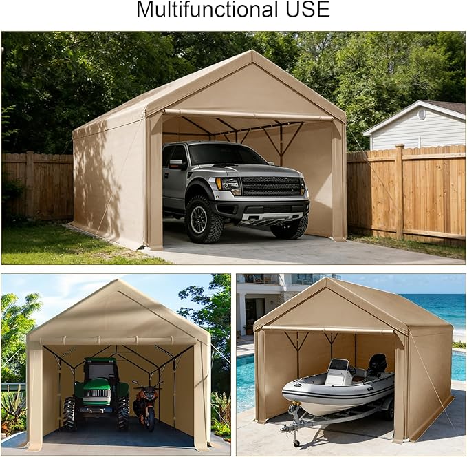 Carport 10x20ft Heavy Duty Canopy,Portable Garage Party Tent,Portable Garage with Removable Sidewalls & Doors All-Season Tarp for Car,Truck,Party Beige