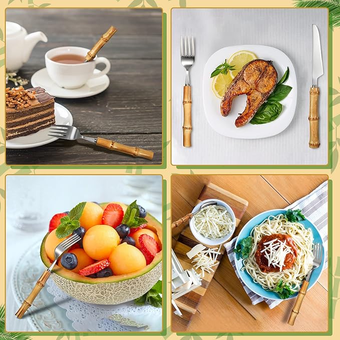 Eboot Bamboo Silverware Set 18/8 Stainless Steel Tableware Set Natural Utensil Flatware Kit Spoon Fork Knives Bamboo Handle Cutlery for Kitchen Wedding Home Restaurant Party(Silver,30 Pieces)