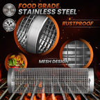 2PCS Rolling Grill Baskets for Outdoor Grill, Big Green Egg Accessories-Set Includes Fork, Hook, and Oil Brush-304g Stainless Steel-Perfect Gifts for Dad, Camping Must Haves, Unique Gifts