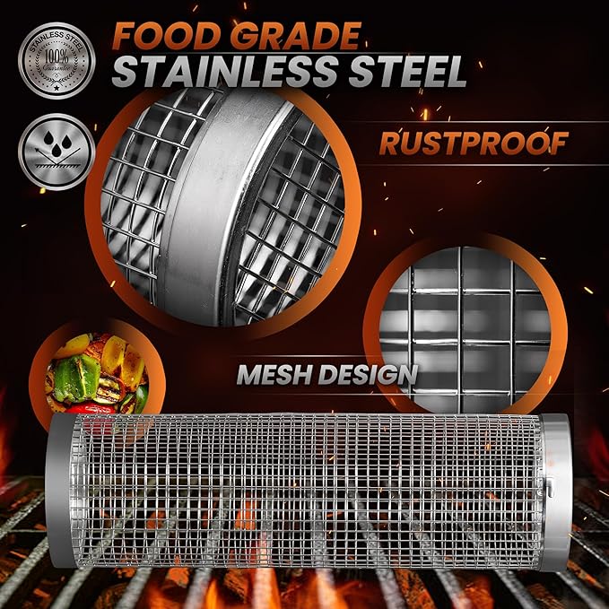 2PCS Rolling Grill Baskets for Outdoor Grill, Big Green Egg Accessories-Set Includes Fork, Hook, and Oil Brush-304g Stainless Steel-Perfect Gifts for Dad, Camping Must Haves, Unique Gifts