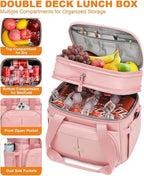 Lunch Box For Men Women Double Deck Insulated Lunch Bag For Men Woman Leakproof Expandable Cooler Bag with Adjustable Shoulder Strap for Work Picnic School(Pink,Medium)