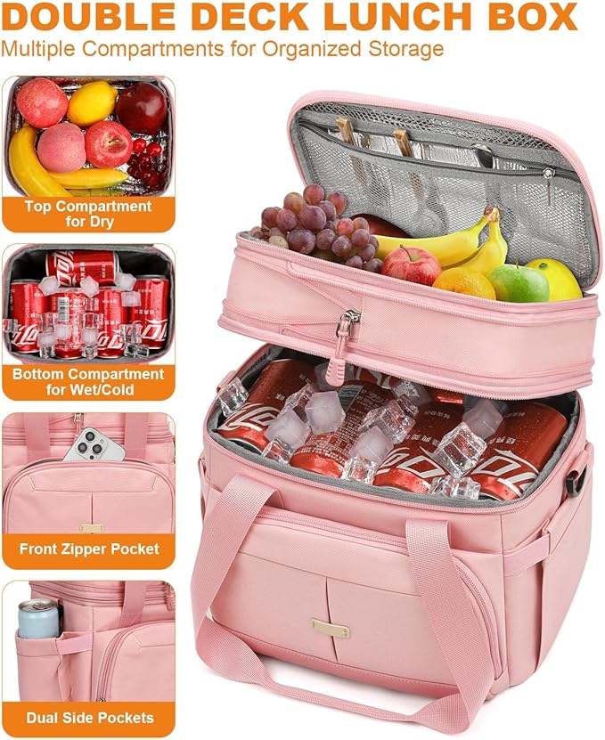 Lunch Box For Men Women Double Deck Insulated Lunch Bag For Men Woman Leakproof Expandable Cooler Bag with Adjustable Shoulder Strap for Work Picnic School(Pink,Medium)