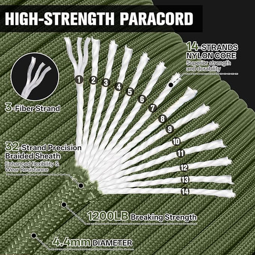 1200 Paracord Rope - 4.4mm 14 Strand Nylon Parachute Spool para Cord Lanyard for Outdoor Camping Survival Utility Tent Crafting DIY Projects Fishing Clothsline Bracelet -ArmyGreen 200FT