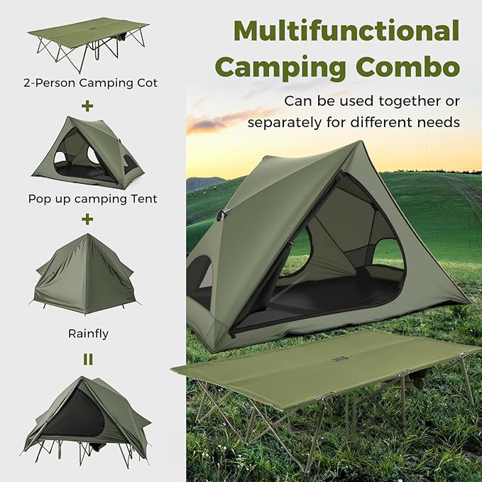 GYMAX 2-Person Camping Cot Tent, Foldable Off-Ground Cot Bed Combo with Portable Wheeled Bag, Waterproof Rainfly, 2 Mesh Doors & Skylight Roof for Adults, Hiking, Backpacking, Outdoor