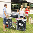 Goplus Folding Camping Kitchen Table with Storage, Aluminum Portable Outdoor Cooking Table with Windscreen, Foldable Camp Table Cook Station for BBQ, Grill, Party, Picnics