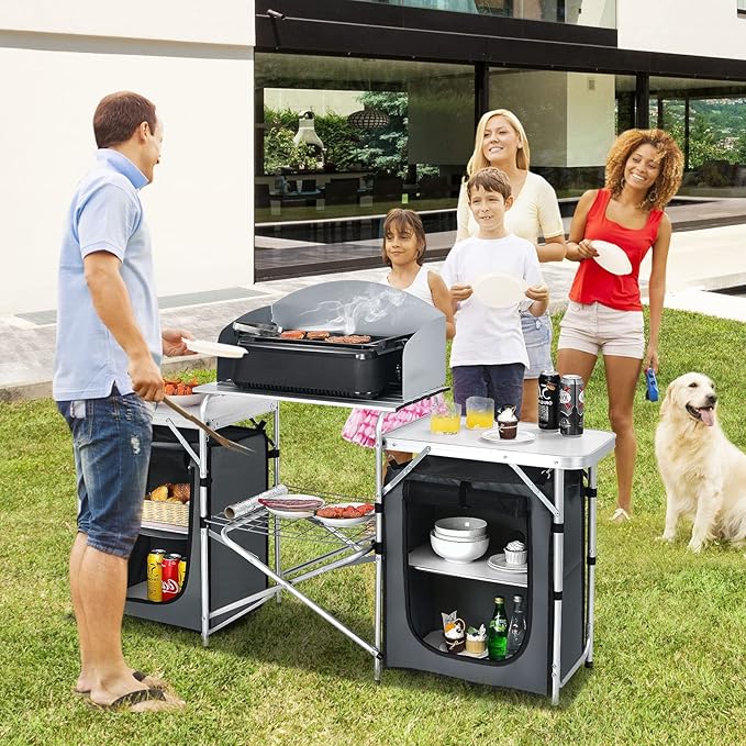 Goplus Folding Camping Kitchen Table with Storage, Aluminum Portable Outdoor Cooking Table with Windscreen, Foldable Camp Table Cook Station for BBQ, Grill, Party, Picnics