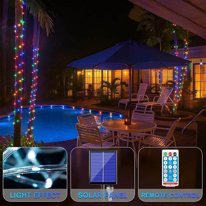 ANJAYLIA 66FT 200 LED Solar Rope Lights Outdoor Waterproof, Solar Powered Rope String Light with 8 Mode & Timer Remote, for Outdoor, Patio, Garden, Camping, Holiday & Christmas Décor Multicolor
