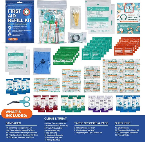 90 Pieces First Aid Refill Kit - Wound Care Kit Includes Bandages for Home, Travel, Hiking - Portable Replacement Kit for First Aid Medical Supplies（2 Set）