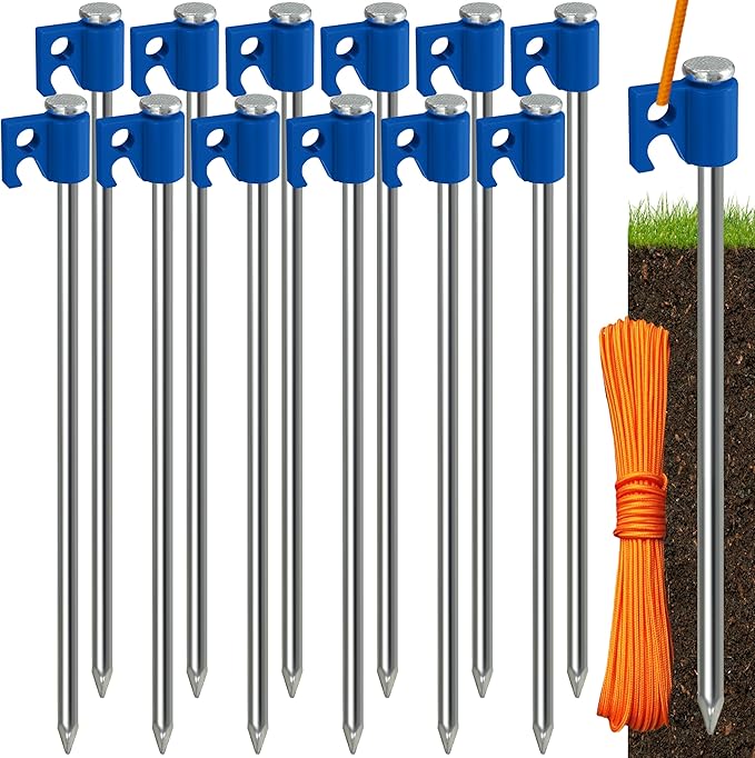 Tradesparker Tent Stakes 12-Pack 8Inch Heavy Duty Garden Stakes Canopy Anchors - Includes Ropes for Camping Tents, Pop Up Canopies and Outdoor Events, Blue