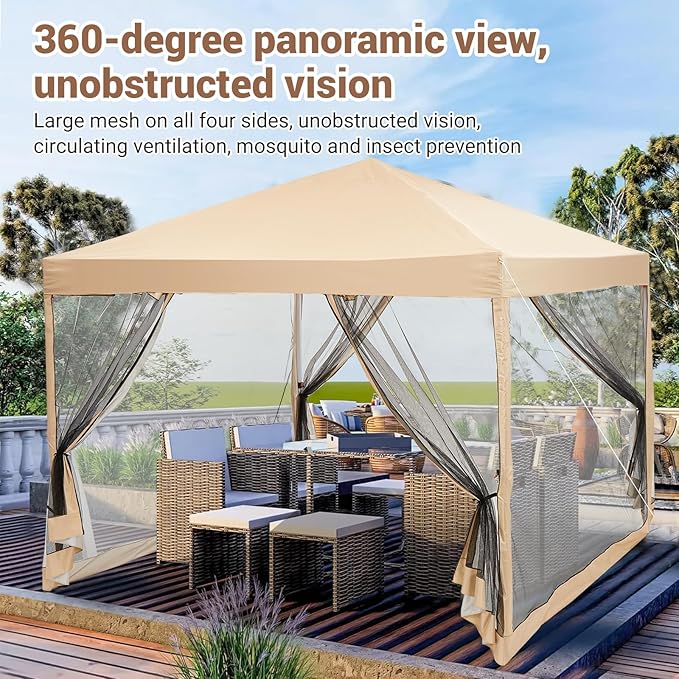 CABIHOME Quick Setup Pop Up Canopy Tent 10x10ft – Waterproof Outdoor Gazebo Shelter with Mesh Sidewalls & Mosquito Netting, Portable Folding Tent for Camping, Patio, Backyard, Events