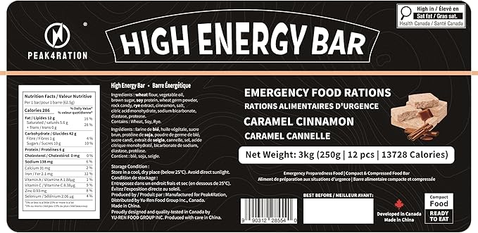 PEAK4RATION High Energy Bar | Compact Compressed Food Bar - Caramel Cinnamon 13728kcal | Long Shelf-Life Emergency Food Ration -12 Day Package 3kg (12x250g Metal Box) | Survival Preparedness Food Bar for Outdoor Camping, Crisis, Earthquake, Wildfire, H...