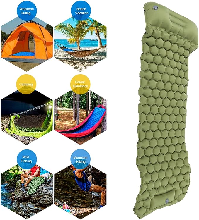 Camping Sleeping Pad Mat, Lightweight Inflatable Mattress, Sturdy 40D Nylon Fabric, TPU Laminate, for Tent Hiking Travel, Foldable Compact, Comfortable 3D Design (Green)