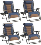 Zero Gravity Chair Set of 4 Oversized Padded Recliner with Adjustable Headrest & Cup Holder - 600D Oxford Folding Lounge Chair for Outdoor Camping, Patio, Poolside (Brown & Blue)