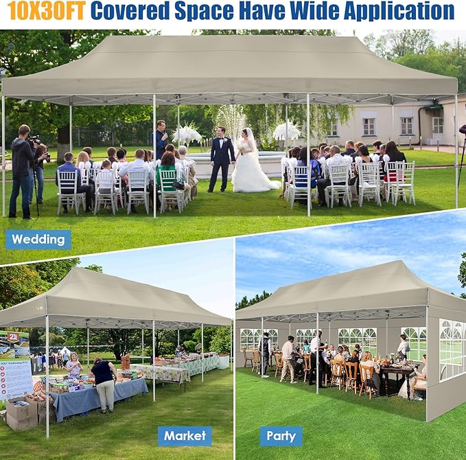 HOTEEL 10x30 Heavy Duty Pop up Canopy Tent for Parties with 8 Sidewalls, Easy Setup Outdoor Commercial Instant Gazebo for Wedding Event, with Portable Bag & Sand Bags, Khaki(Hexagonal Frame)