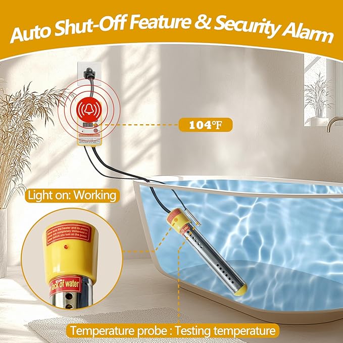 Adjustable Immersion Water Heater 1500W, Portable Stainless Steel Bucket Heater with Thermostat, Auto Shut-Off, Temperature Display, Safety Alarm, Fast Heating for Home, Bath, Camping, RV