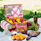Wicker Picnic Basket for 4 with Waterproof Picnic Blanket and Insulated Cooler, Willow Hamper for Camping, Outdoors, Photoshoot, or a Birthday, Valentine’s Day, Wedding Gift, Pink
