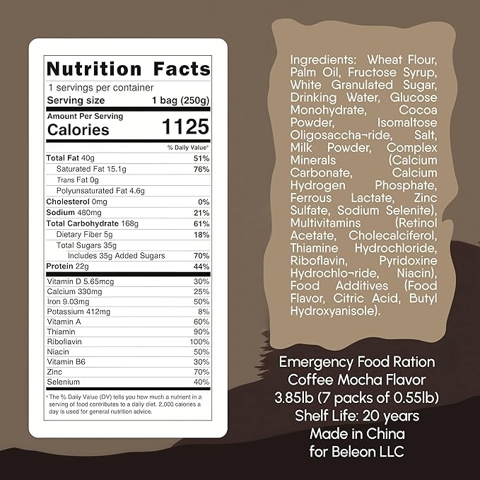 Emergency Food Supply - Coffee Mocha Survival Ration - 20 Years Shelf Life - 7 Days