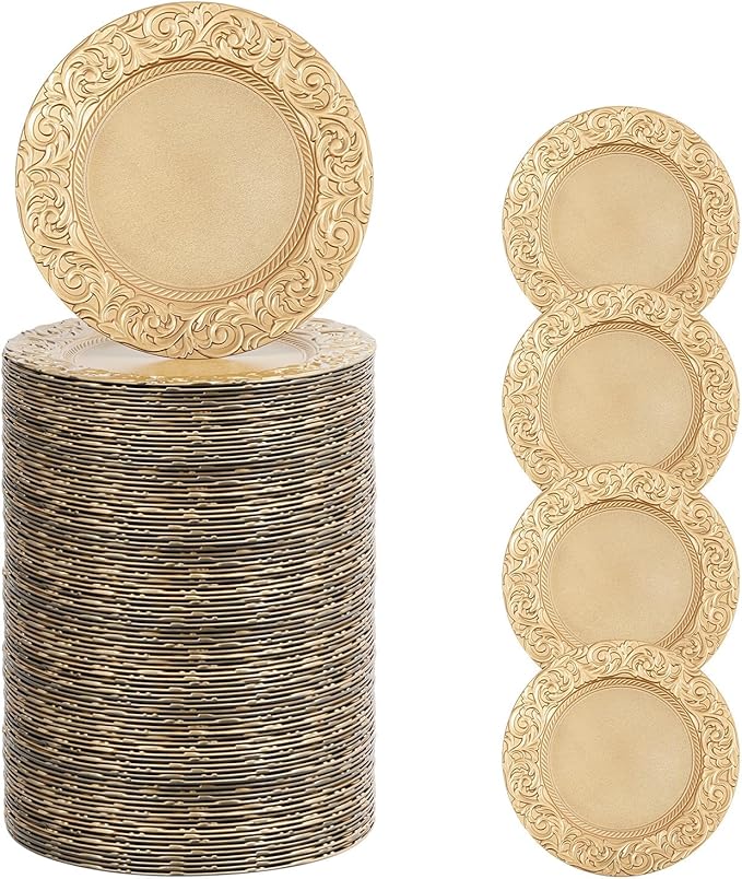 150 Pcs 13 Inch Gold Charger Plates, Bulk PP Wedding Chargers with Floral Reef Design Decorative Round Ruffled Rim Dinner Plates for Wedding Party Event Table Setting Decoration