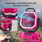 Odoland Portable Camping Fan with LED Lantern, 20000mAh Rechargeable Battery Powered Fan with Auto Oscillation, Timer, Remote, 360° Rotation Hook, 4 Speeds for Power Outage Travel Home,Pink
