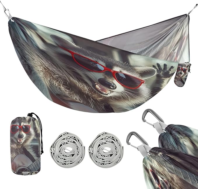 Funny Raccoons with Glasses Camping Hammock Single Portable Hammocks 330 lbs Capacity with 2 Tree Straps and Attached Carry Bag,Perfect for Outdoor,Indoor,Beach,Camping,Travel
