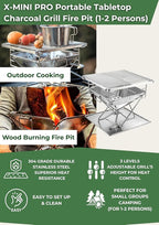 CAMPINGMOON X-MINI PRO Portable Charcoal Grill 9.65 Inch Stainless Steel Tabletop Grill Fire Pit 3 Level Adjustable Height Grill for Camping Outdoor Cooking Barbecue Carry Bag
