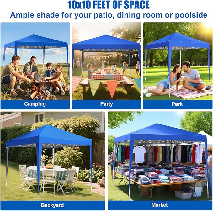 Yesker 10x10 Pop Up Canopy Tent UPF 50+ Waterproof Outdoor Canopy Portable Folding Easy Setup Gazebo Adjustable Height Instant Sun Shade Tent with Wheeled Bag for Events Parties Camping Patio, Blue