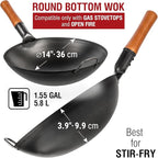YOSUKATA 14" Carbon Steel Wok with Round Bottom – Pre-Seasoned Pow Wok for Stir Fry – Traditional Chinese Japanese Black Steel Pan – Outdoor Cookware for Gas Stovetops, Open Fire, BBQ, Camping