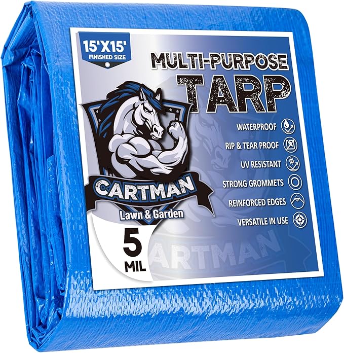 CARTMAN Finished Size 15x15 Feet Blue Poly Tarp 5 Mil Thick, Multipurpose Protective Cover for Camping, Tent, Boat, RV, Car