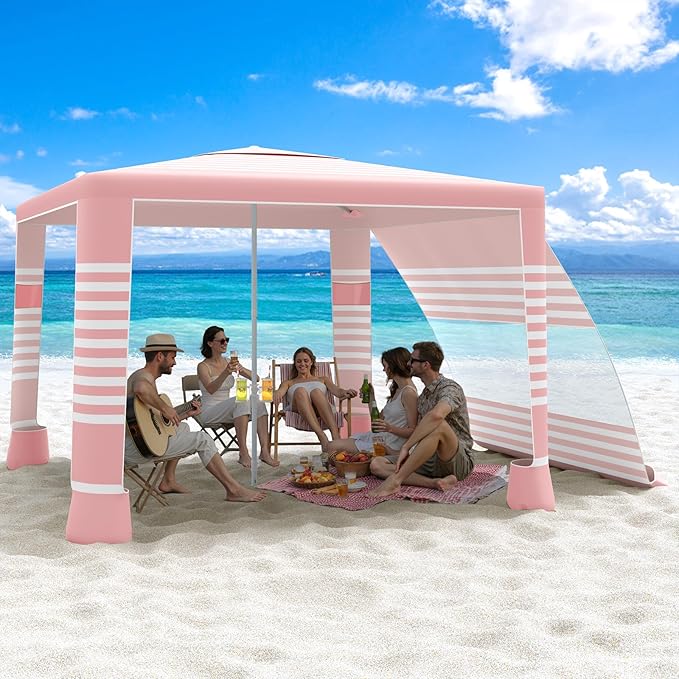 MoKo Beach Cabana, 8'×8' Large Beach Canopy with Side Wall, UPF 50+ Protection Easy Setup Beach Tent Sun Shelter, Adjustable Height Wind Resistant Cabana Beach Tent for Whole Family, Pink Stripe