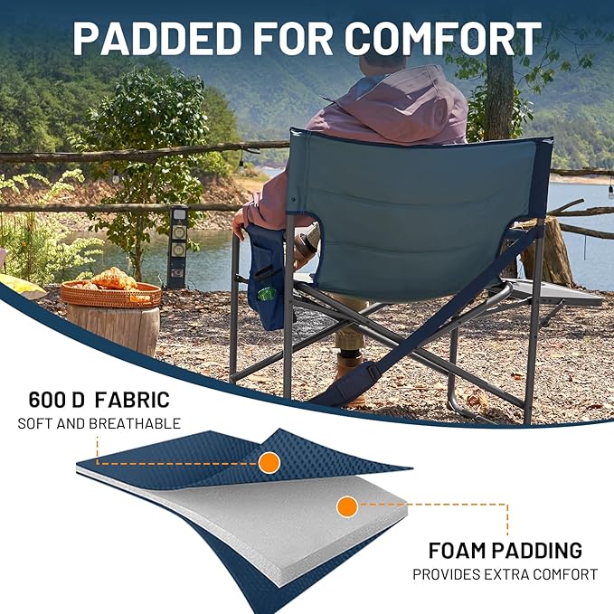 Timber Ridge XXL Extra Wide Foldable Directors Chair with Side Table, 500 lbs Heavy Duty Camping Chairs for Adults, Oversized Folding Lawn Chair for Lawn Beach Sports Outdoor, Blue