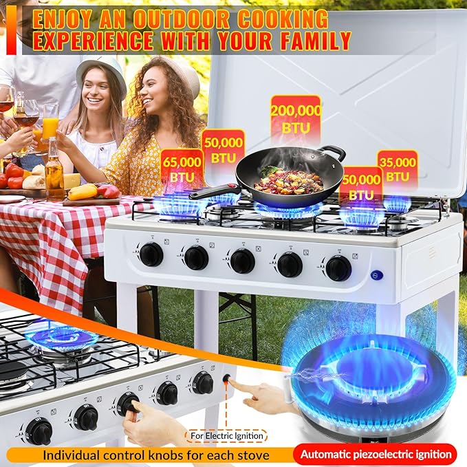 5 Burner Propane Gas Stove,400000BTU Portable Gas Stove with Support Leg Stand and Wind Blocking Cover Adapter Auto Ignition Camping Stove,propane burner for RV, Apartment, Outdoor Cooking