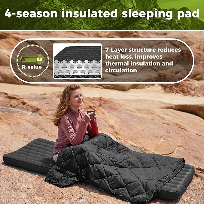 ATEPA ThermAir Pro Backpacking Inflatable Sleeping Pad, 6.6 R-Value Insulated Ultralight Portable Camping Pad Thick Camping Mat for Camping Backpacking Tent, Wide Long Size 78"x27", Black