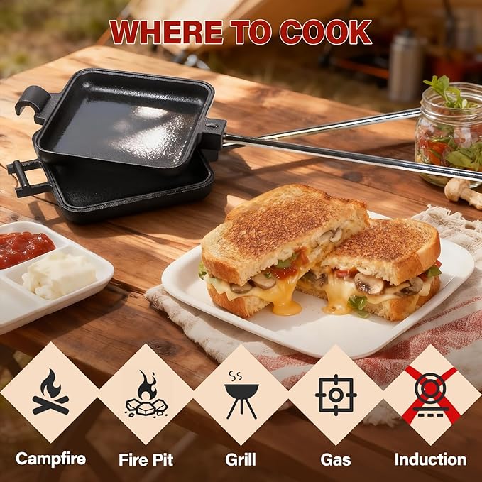 Mountain Pie Maker Cast Iron – Campfire Pie Iron, Hobo Pie Maker for Camping, 2-Pack