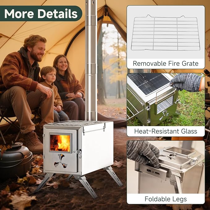 H&ZT Hot Tent Stove, Portable Wood Burning Stove with 7 Chimney Pipes, Ideal for Camping, Cooking & Winter Heating
